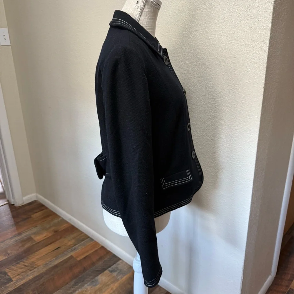 GAP Jacket Black Wool Blend Collared White Stitch Trim Pockets Lined Size Med - Picture 4 of 16